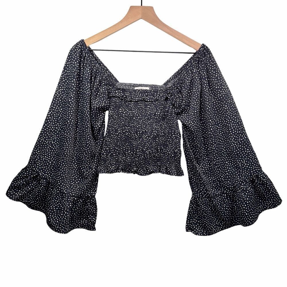 Mustard Seed Balloon Sleeve Cropped Smocked Blouse Polka Dot Black size S